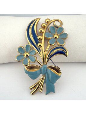 Vintage Blue Enamel Floral Brooch Gold Tone Floral Pin